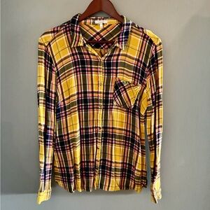 Maurices Yellow, Pink, White and Black Plaid Juniors Super Soft Shirt, Size XL